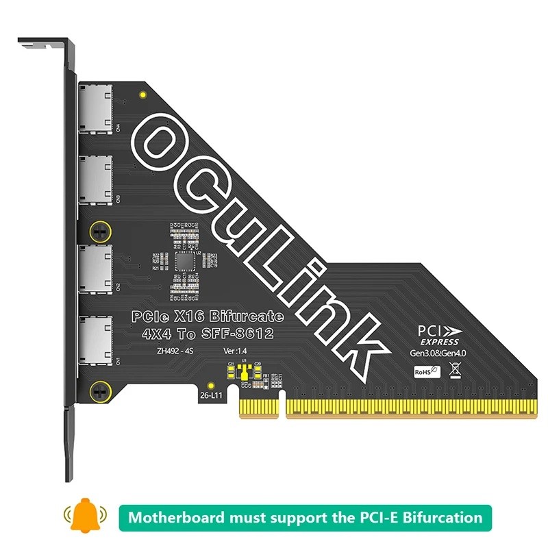 PCI‐E X16 Gen4 ถึง 4 พอร์ต SFF‐8612 OCuLink การ์ด Bifurcation Riser PCIe X16 ถึง Quad SFF8612 OCuLin