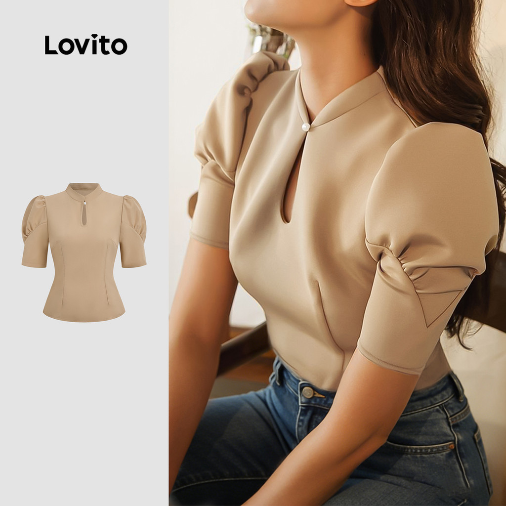 Lovito สง่างาม เสื้อเบลาส์สีกากี ดีไซน์คอมพลีทคัทเอาท์พร้อมโครงสร้าง สําหรับฤดูใบไม้ผลิ/ฤดูร้อน L183ED135