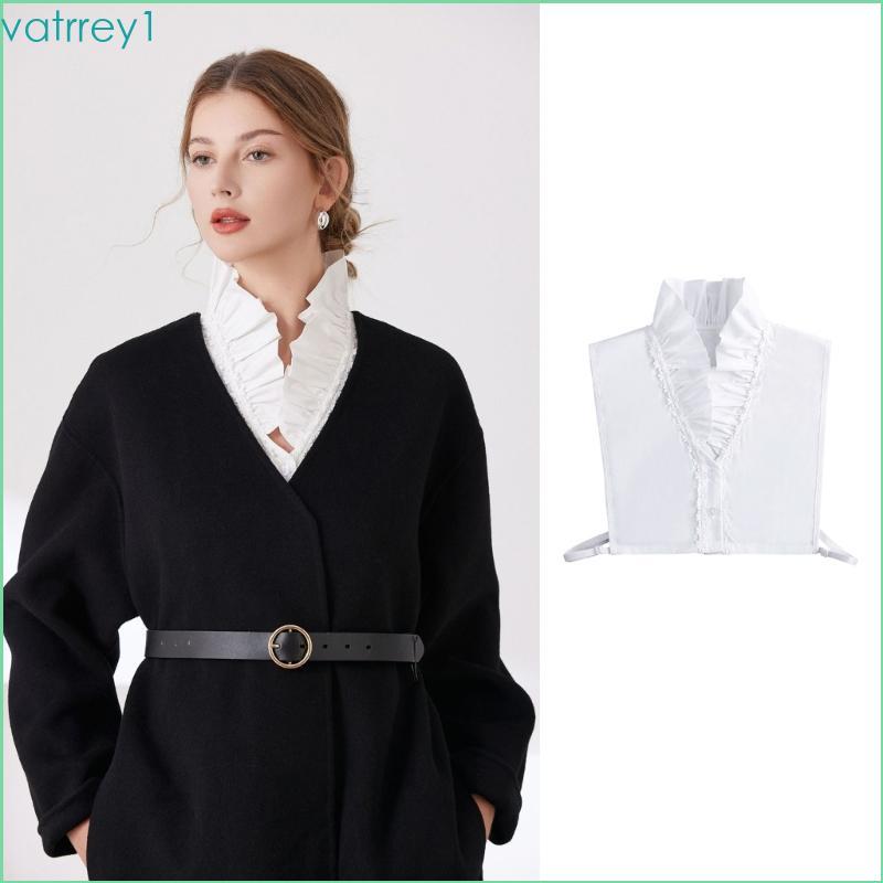 VAT1 Layered เสื้อคอปกใส่ที่ถอดออกได้ Ruffle Neckline Accent สําหรับภาพจัดแต่งทรงผมสีขาว V คอรายละเอ