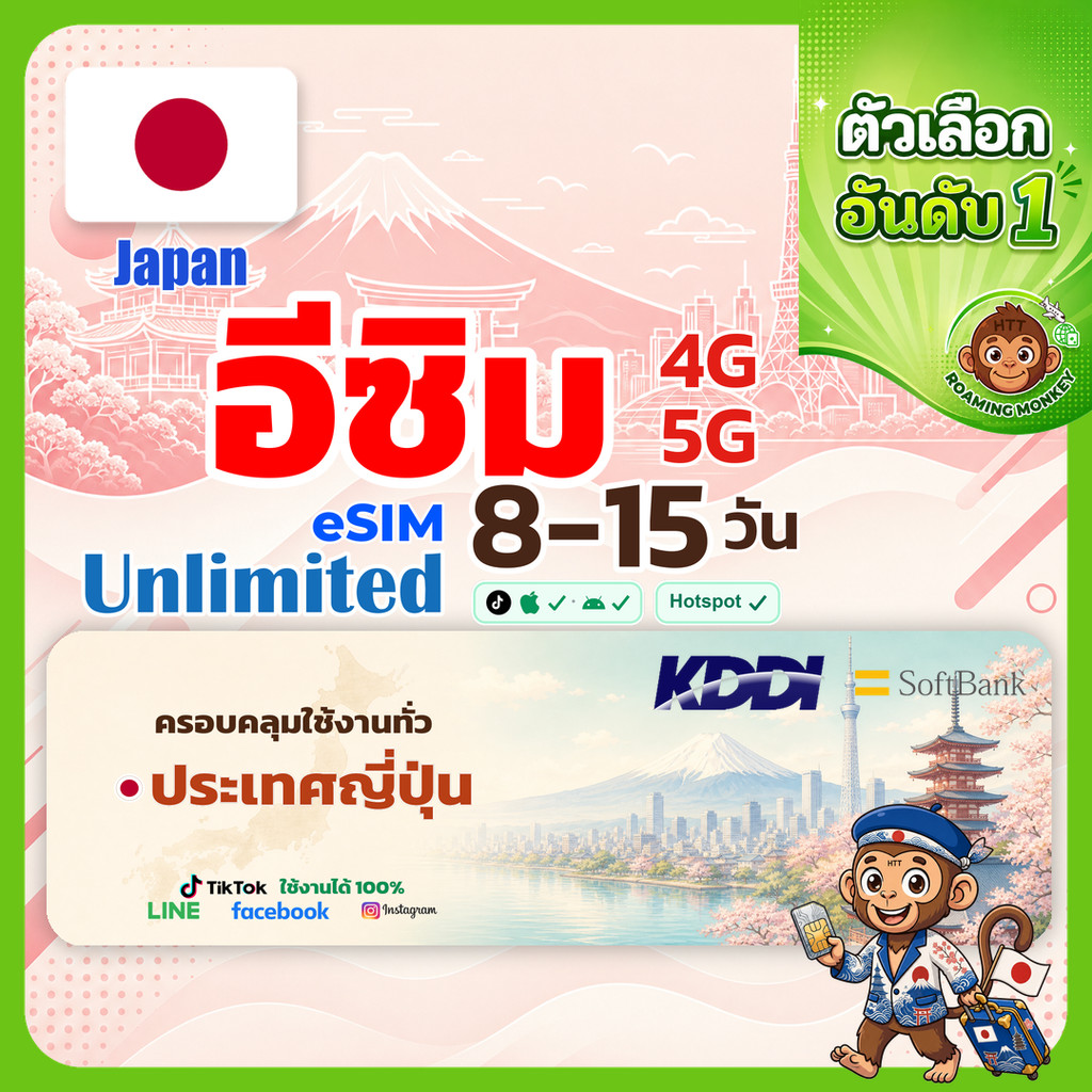 [eSIM] Japan 4G/5G 8-15 วัน RoamingMonkey ซิมญี่ปุ่น ท่องเที่ยว ญี่ปุ่น เครือข่าย SoftBank DOCOMO