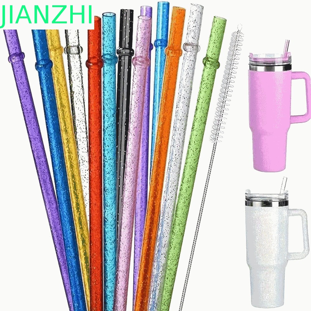 JIANZPH 1PC Glitter Straw, รถ Travel Cup Straw แบบพกพาผงทองหลอดพลาสติก, นํากลับมาใช้ใหม่ด้วยแปรงทําค