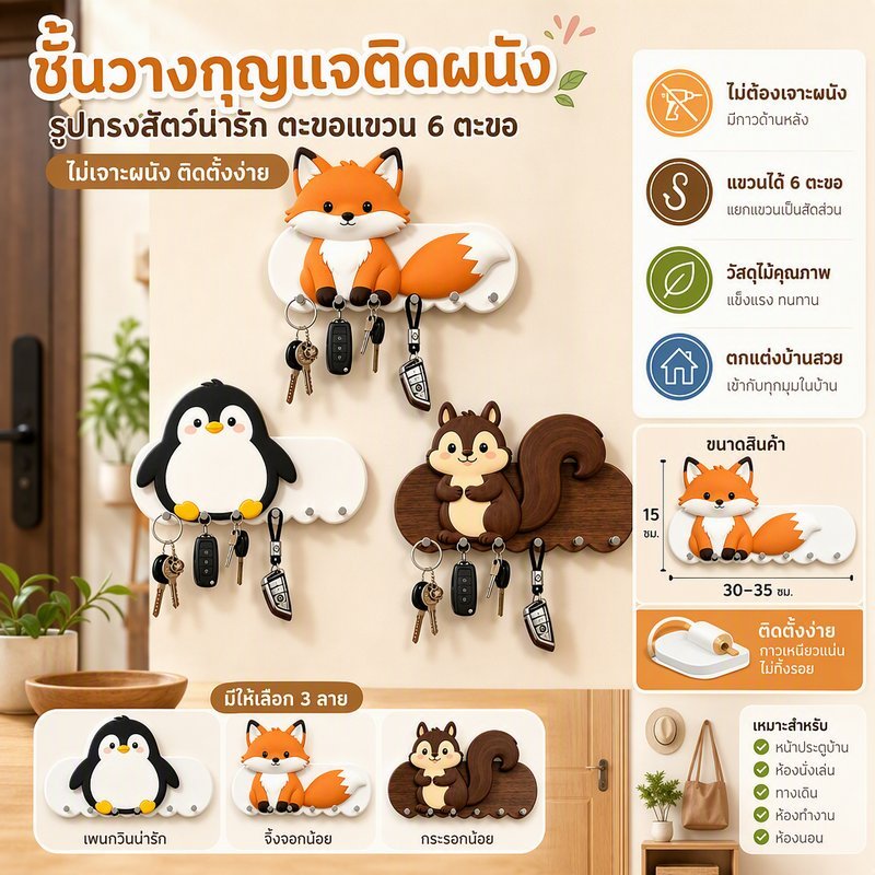 ที่แขวนกุญแจติดผนัง ไม้ ตะขอแขวนลายสัตว์มินิมอล ไม่เจาะผนัง มีกาวหลัง จัดระเบียบมุมหน้าประตู ขนาด