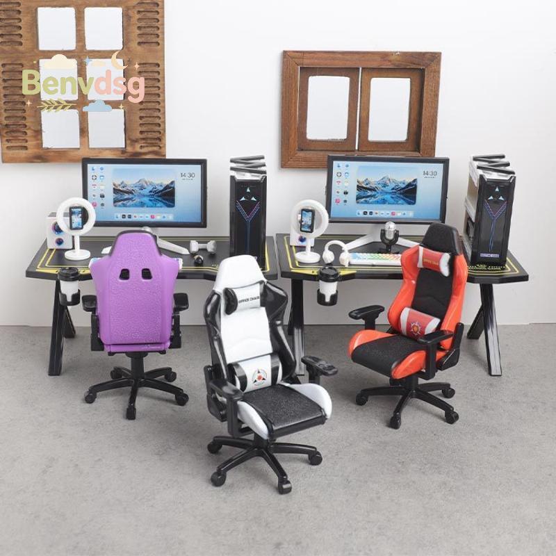 [Benvdsg-t] 1/12 Dollhouse Tiny Gaming Desk Chair Set with Simulation Computer Monitor Host Model fo