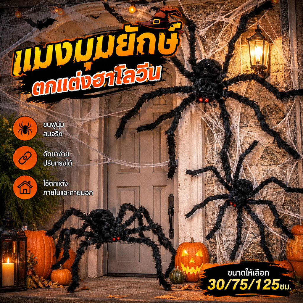 ส่งจากไทย🕸️แมงมุมฮาโลวีน ตุ๊กตาแมงมุมสีดำ ของตกแต่งปาร์ตี้ ขนาด 30/75/125 ซม. แต่งบ้าน Halloween