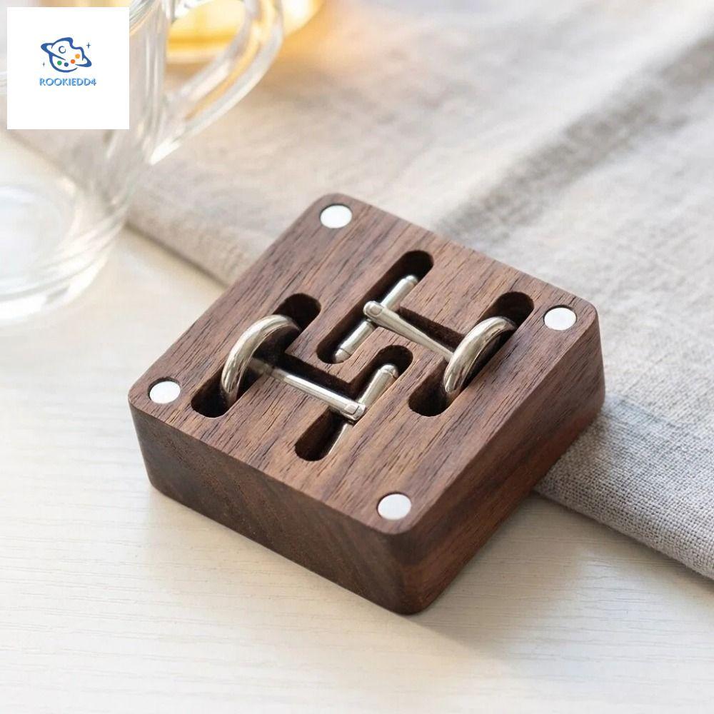 ROOKIEDD4 Cufflink Organizer, Solid Flip-top Walnut Cufflink กล่อง, ของขวัญสําหรับเขาประณีตแม่เหล็กป