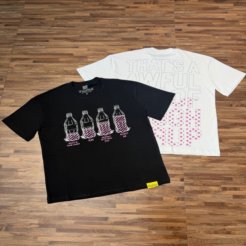 หมวก. SA AWFUL LOT OF COUGH SYRUP การค้าต่างประเทศ Street สวมขวดนมหลวมรอบคอแขนสั้นเสื้อยืด