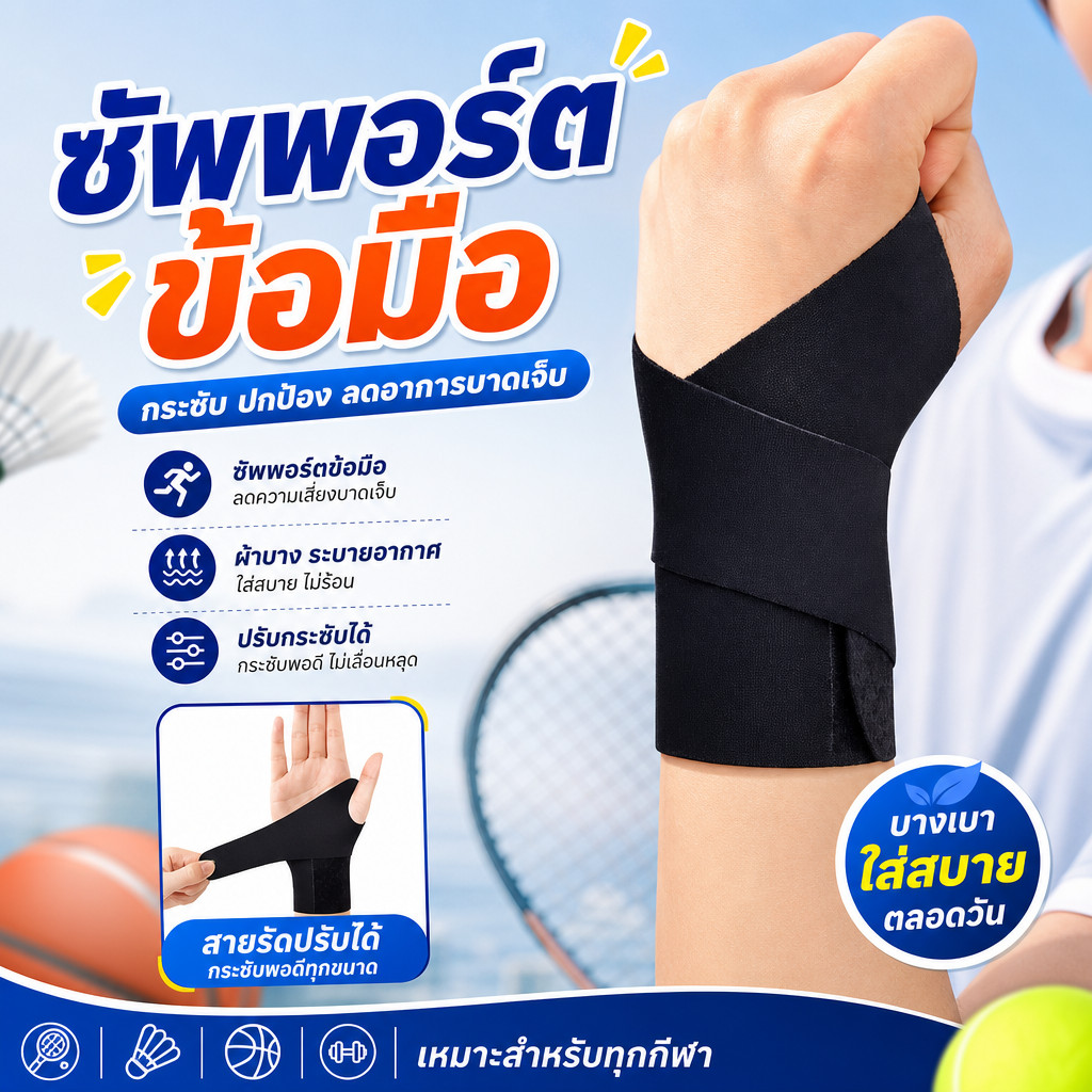 สายรัดข้อมือกีฬา ปรับได้ บรรเทาอาการปวดข้อมือ สนับสนุนมั่นคง ระบายอากาศได้ดี ใส่เล่นกีฬา ป้องกันการบาดเจ็บ