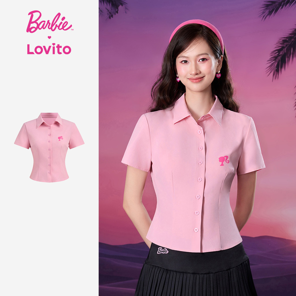 Barbie™ X Lovito เสื้อเชิ้ตสีชมพูผู้หญิง ฤดูใบไม้ผลิ/ร้อน คอปกแขนสั้น กระดุมหน้าและเส้นโครงสร้าง เกา