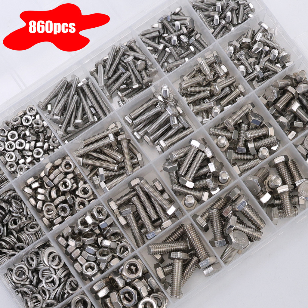 860 ชิ้นสแตนเลส Hex Head Bolt Assortment Kit w/Nuts+Washers+Springs - M3-M6 DIN933 เกรด 8.8/10.9, A2