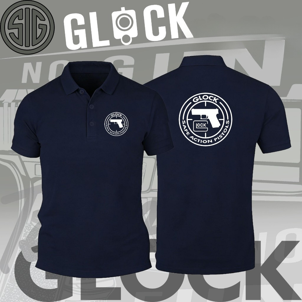 เสื้อโปโล Glock พิมพ์ลายวงกลมเล็กด้านหน้า พิมพ์ลายตราสัญลักษณ์ขนาดใหญ่ด้านหลัง เสื้อลำลองสำหรับผู้ชา