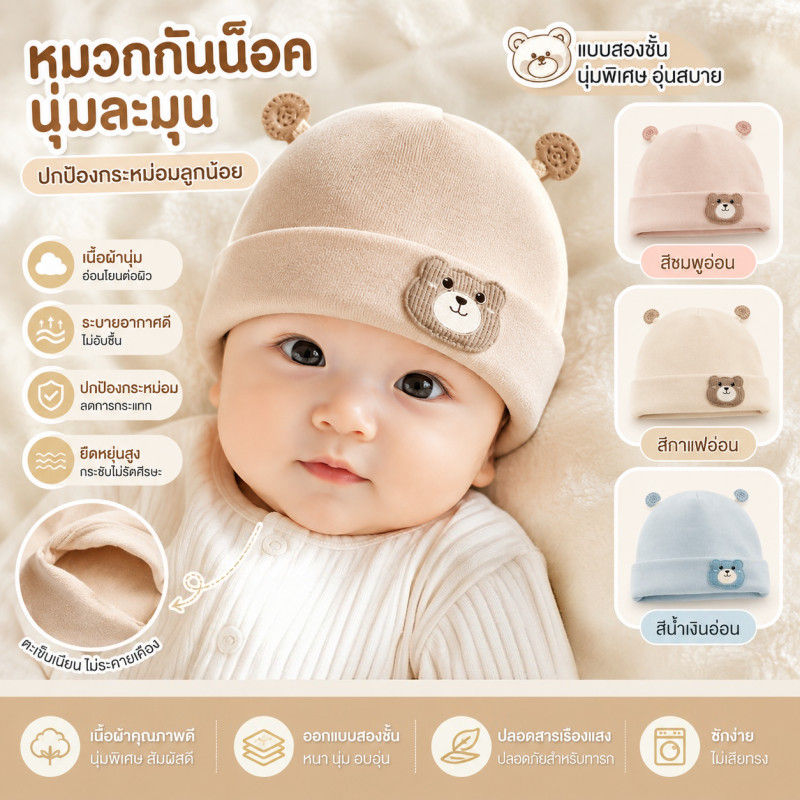 หมวกเด็กแรกเกิดผ้าฝ้ายแท้ สองชั้นระบายอากาศดี นุ่มเบาสบาย ปกป้องกระหม่อม ใช้ได้ถึง 12 เดือน