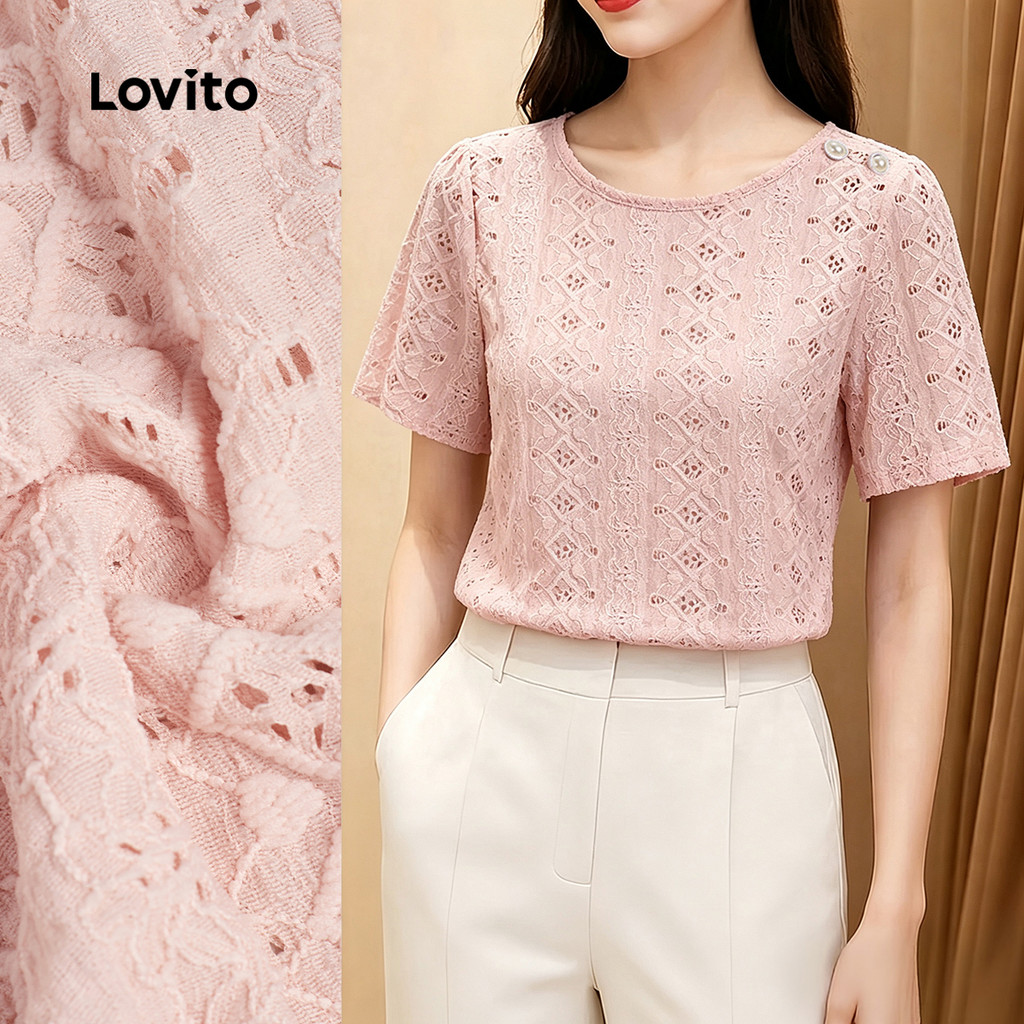 (New Arrival) Lovito เสื้อเบลาส์ผู้หญิงสีชมพู สไตล์หรูหราจีบระบาย กระดุมหน้า สําหรับฤดูใบไม้ผลิ/ฤดูร้อน BLK8P1D727