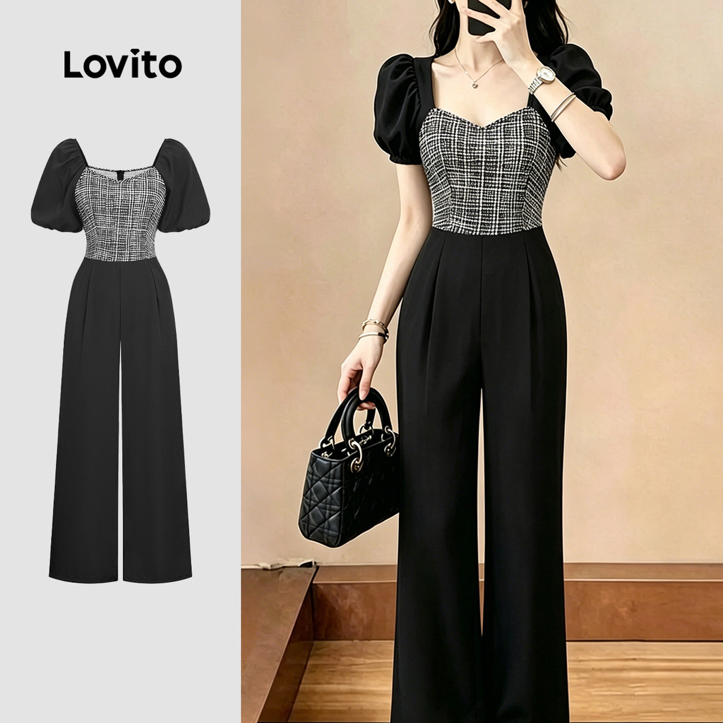 (New Arrival) Lovito จั๊มสูทผู้หญิงสีดํา สไตล์บล็อกสีผ้าสง่างาม เหมาะสําหรับฤดูใบไม้ผลิ/ฤดูร้อน L199ED580