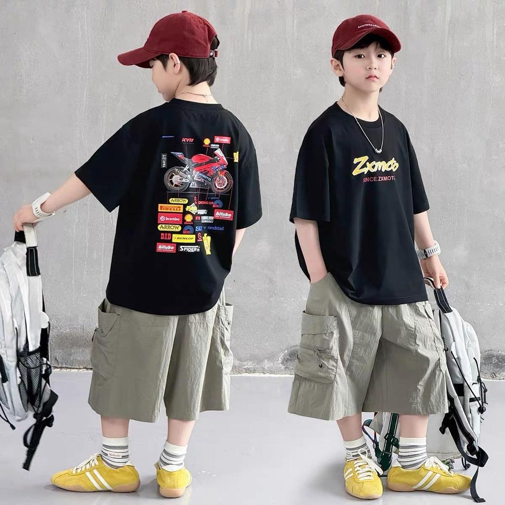 wt baby store ชุดเด็กผู้ชายแฟชั่นเท่ เสื้อยืดโอเวอร์ไซซ์ กางเกงขาคาร์โก้สั้น เซ็ตสไตล์สตรีท ลุคเท่ WT952