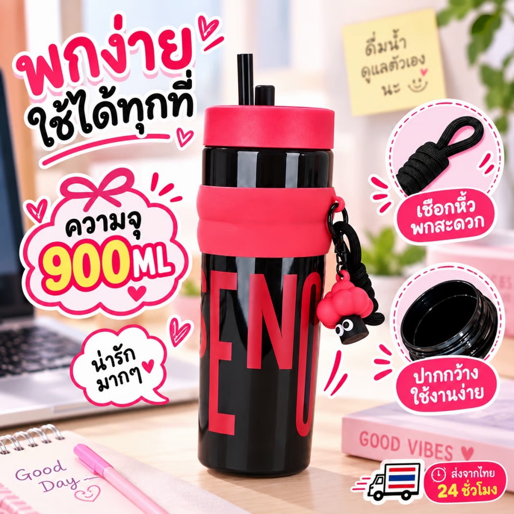 แก้วพลาสติก 900ml โดปามีน พร้อมหลอด พกพาสะดวก ใช้กลางแจ้ง เดินทาง ใส่รถยนต์ ความจุสูง