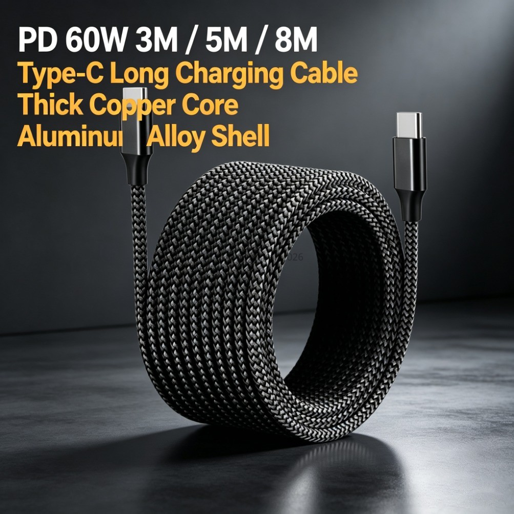 FUDIANDA 3 M/5 M/8 M Ultra Long PD 60W ประเภท C ถึง Type C Fast Charging Braided Data Cable เหมาะสํา