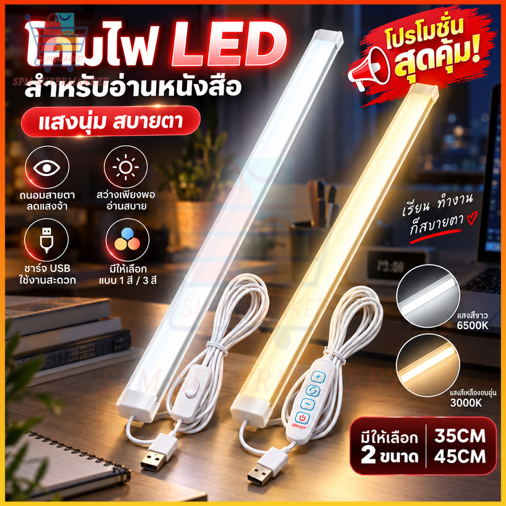 👍🏻คุณภาพดี โคมไฟแม่เหล็ก USB ไฟ 45CM 3 สี หลอดไฟ LED 8W โคมไฟอ่านหนังสือ โคมไฟติดผนังห้องนอน