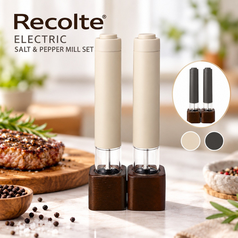 Recolte Electric Salt & Pepper Mill Set - Mini Automatic Grinders with Adjustable Coarseness, Wooden Stand, One-Hand Operation, Battery-Operated, Transparent Ceramic Mill - Cream White & Gray