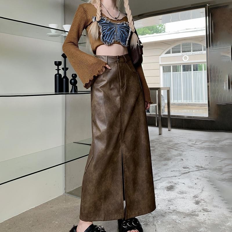 ข้อเสนอพิเศษ!FXDAZI กระโปรงที่ไม่ซ้ํากันสีกาแฟกระโปรงหนังยาวปานกลางหญิงฤดูใบไม้ผลิฤดูใบไม้ร่วงเอวสูง a-Line Melade Wasteland สไตล์ Limited Step Wrap กระโปรงยาวสะโพก