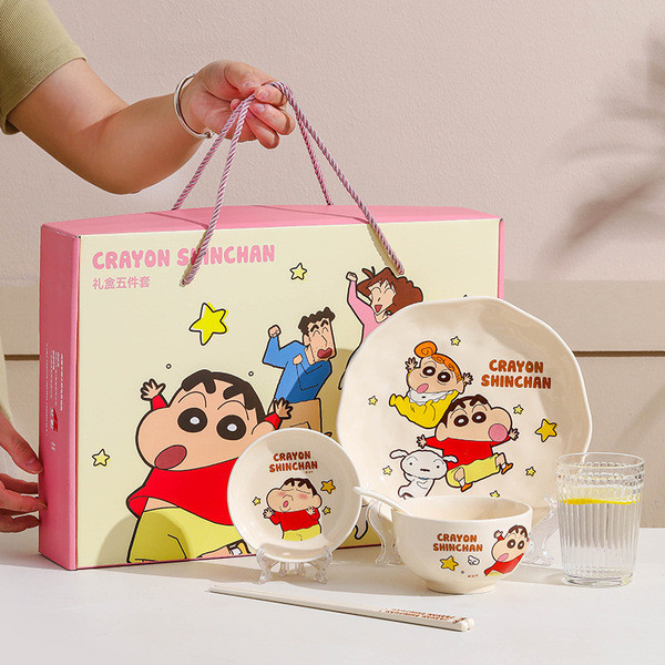 ที่เก็บจาน จานชินจัง Crayon Shin-Chan Family Series กล่องของขวัญอาหารสองคน Hiroshi ชุดจานการ์ตูนในครัวเรือนชามเซรามิคสไตล์ใหม่