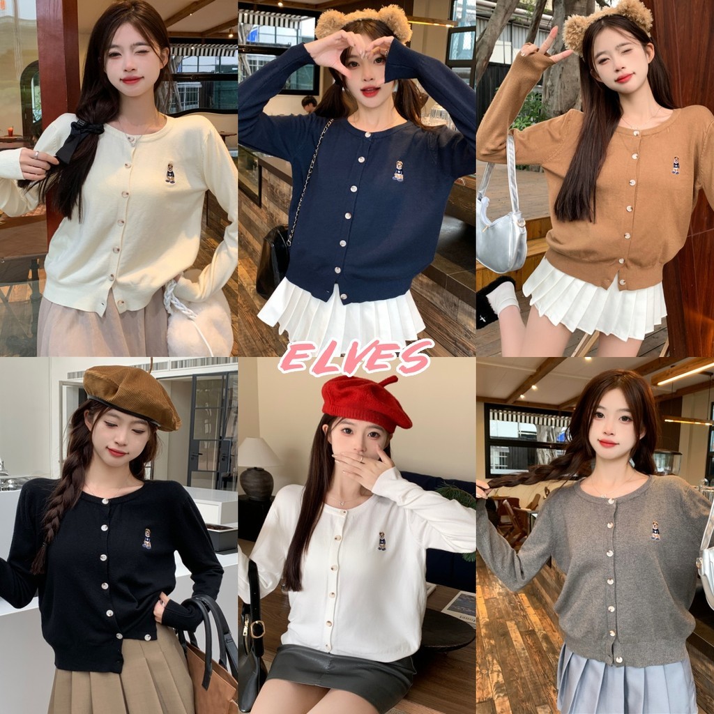 Elves พร้อม💟เสื้อคลุมไหมพรมแขนยาวน่ารัก คอกลม ปักลายหมี ใส่สบาย สีทึบ หลากสี(Y-2812)