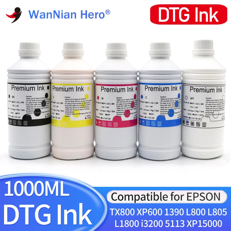 1000ml DTG หมึกสําหรับ DX5 DX6 DX7 TX800 XP600 I3200 สิ่งทอสําหรับ Epson L1800 1390 R1900 R3000 9600