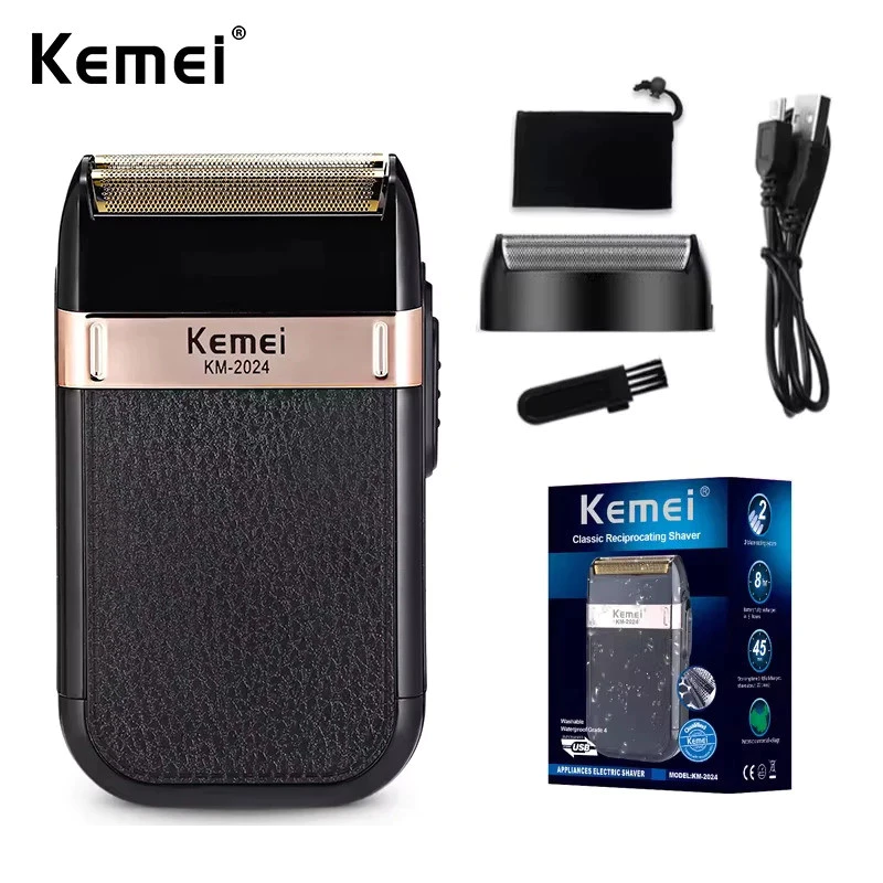 Kemei KM-2024 USB ชาร์จเครื่องโกนหนวดไฟฟ้าสําหรับผู้ชายลูกสูบใบมีดคู่มีดโกนเครื่องหนวด Beard Trimmer เครื่องโกนหนวด