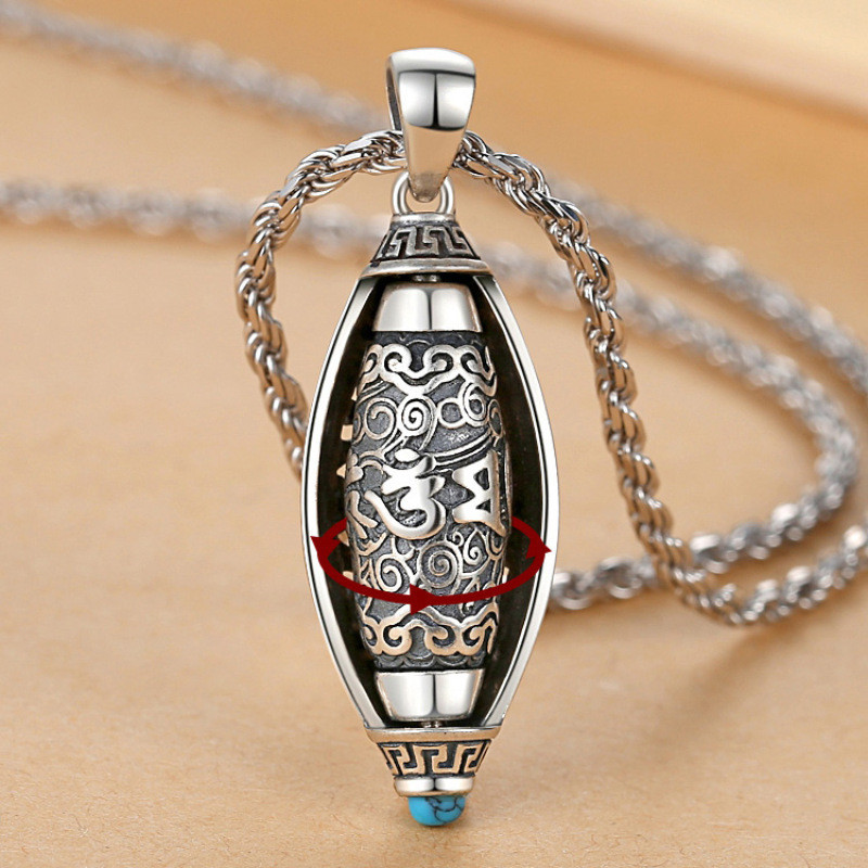 Hot Sale#Six-Word Mantra Prayer Wheel Pendant Necklace Retro Lucky Charm Fashion Pendant Trendy Pend