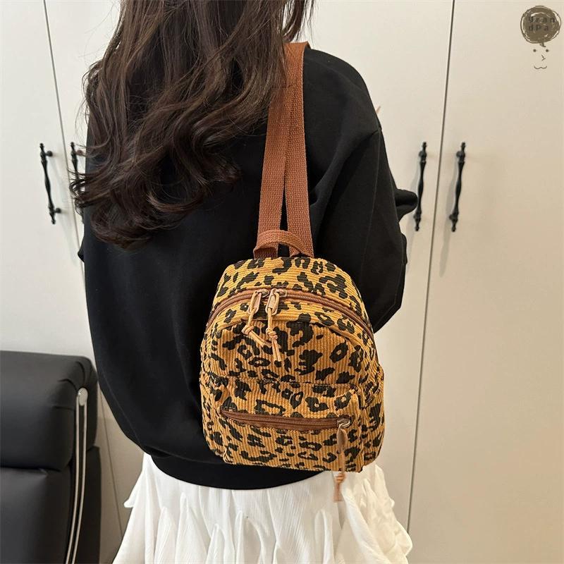 [GR] Women Leopard Mini Backpack Multi-Pockets Corduroy Leopard Print Sling Bag Retro Leopard Crossb