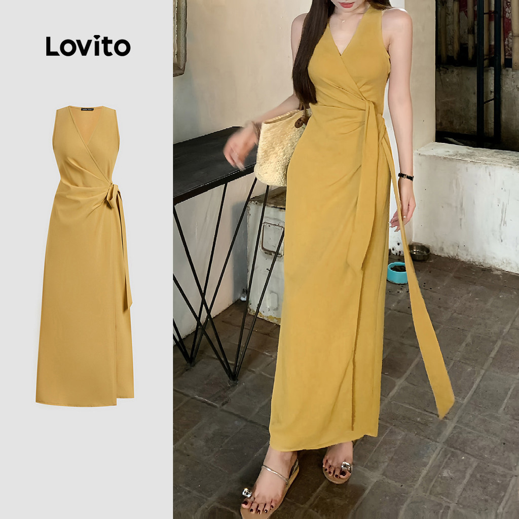 Lovito ชุดโบฮ์ดีไซน์ไม่สมมาตร ผ้าลูกไม้เปิดหน้า สีเหลือง สำหรับผู้หญิงฤดูใบไม้ผลิ/ฤดูร้อน L150AD1015