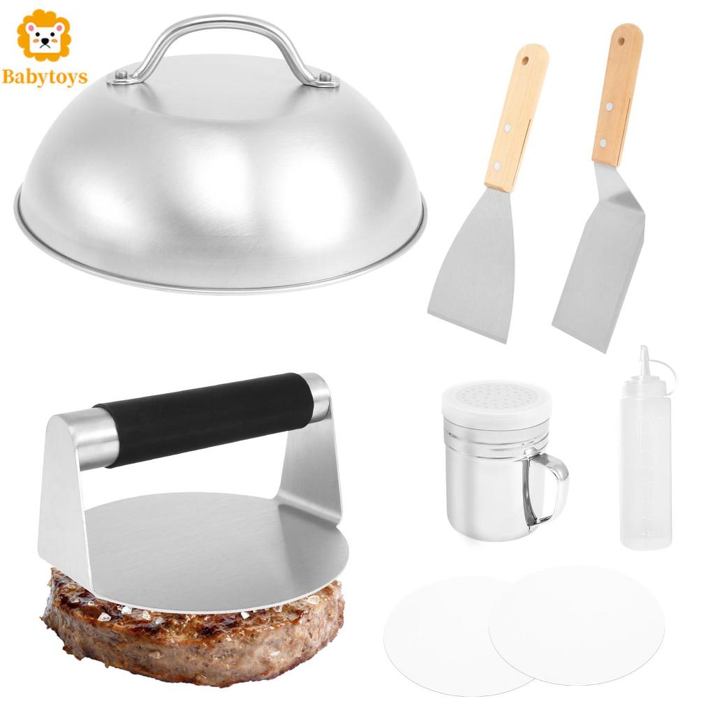 7 ชิ้น Burger กดชุดสแตนเลส Smash Burger Kit Non Stick เครื่องล้างจานปลอดภัย Burger ทําชุดเครื่องมือส