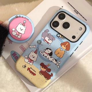 การ์ตูนน่ารักปาร์ตี้ลูกสุนัขภาพประกอบที่วางขาตั้งแม่เหล็กเคสไอโฟนเข้ากันได้สําหรับ ไอโฟน 17 มือโปร สูงสุด 17 มือโปร 17 อากาศ 17 16 15 14 13 12 11 ต่อต้าน หยดฮาร์ดพีซีเคลือบฝาหลั