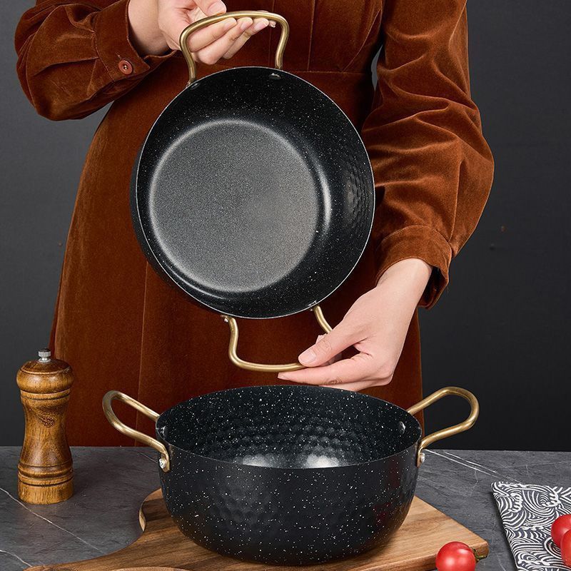 韩式不锈钢拉面锅泡面锅金色电磁炉锅双耳方便面汤锅家用Korean-style stainless steel ramen pot instant noodle pot golden electroma