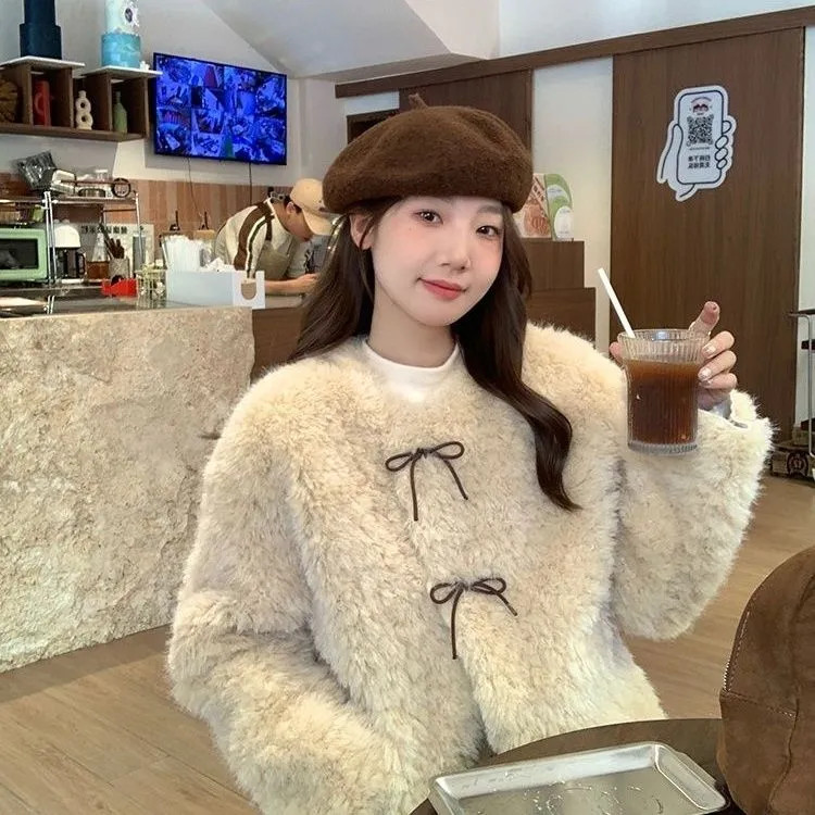 เสื้อกันหนาวผู้หญิง เสื้อขนสัตว์เทียม หนานุ่มสไตล์เรียบหรู