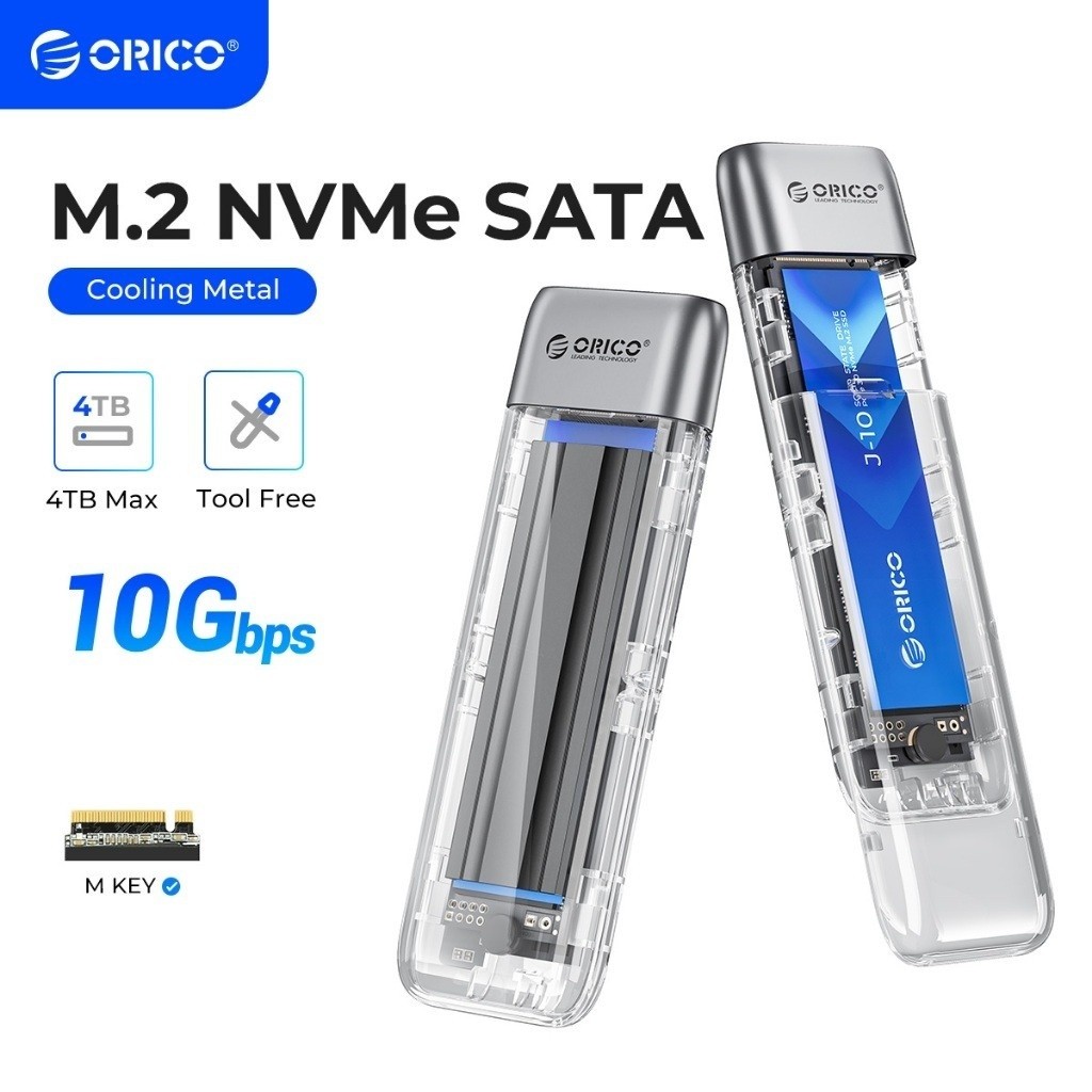 ORICO M.2 MVMe/SATA SSD Enclosure NVMe case Zinc Alloy Tool Free 10Gbps M.2 to USB Type C Transparen