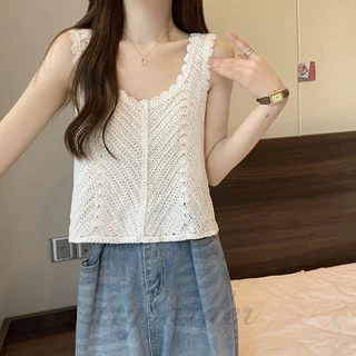 เสื้อกั๊กแขนกุด ไหมพรมถักสายกว้าง สำหรับผู้หญิง ดีไซน์ทรงหลวม ความยาวพอดีตัว ใส่ได้ทั้งน่ารักและเซ็กซี่ มีให้เลือก 2 สี