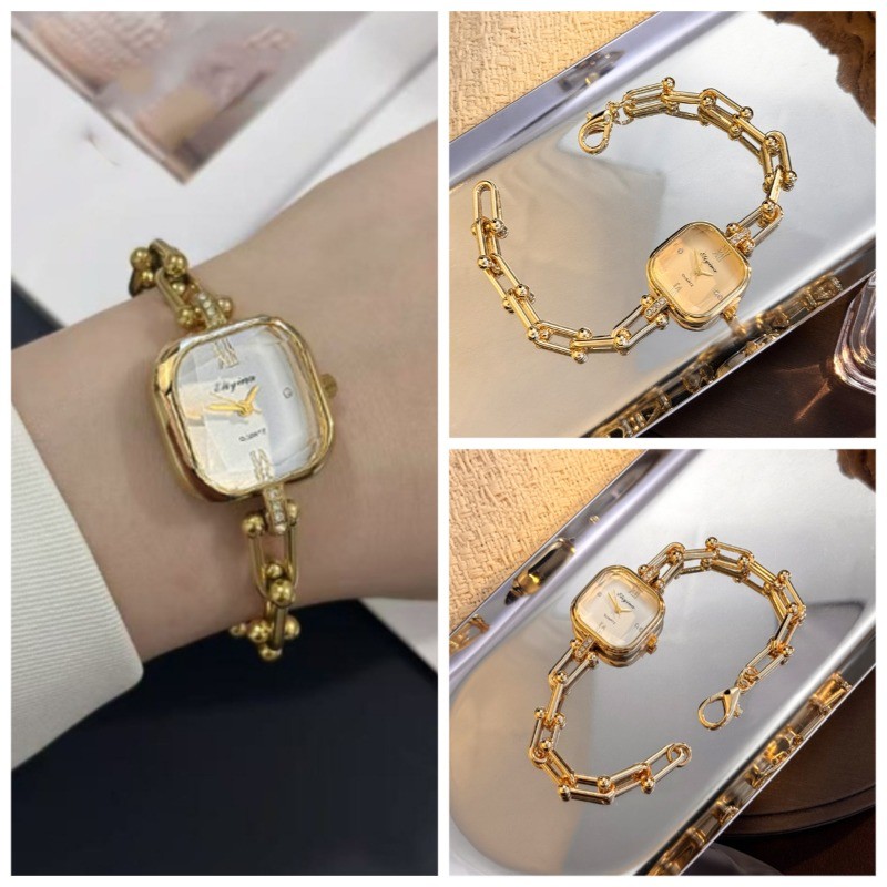 ใหม่ Retro Square นาฬิกาผู้หญิงสายเหล็กสายปรับได้ 2 สไตล์ Niche นาฬิกาควอตซ์สําหรับผู้หญิง Elegant