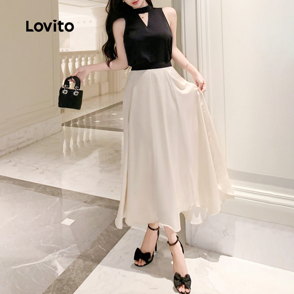 Lovito เสื้อหรือกางเกงสุดหรู สีบล็อก ชุดกระโปรงแอปริคอทฤดูใบไม้ผลิ/ฤดูร้อน L167EDD030