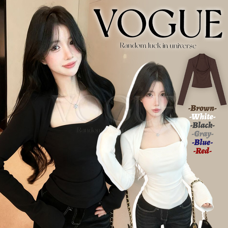 Vogue🌟พร้อมส่ง🌟 เสื้อแขนยาว คอเหลี่ยม ทรงรัดรูปเสริมฟองน้ำ สีพื้นผ้านุ่มนิ่ม (FY5183)