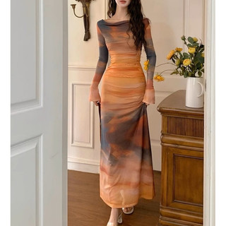 Korean Orange Maxi Dress - Long Sleeve Sexy Fit for Women's Parties & Beach Wear