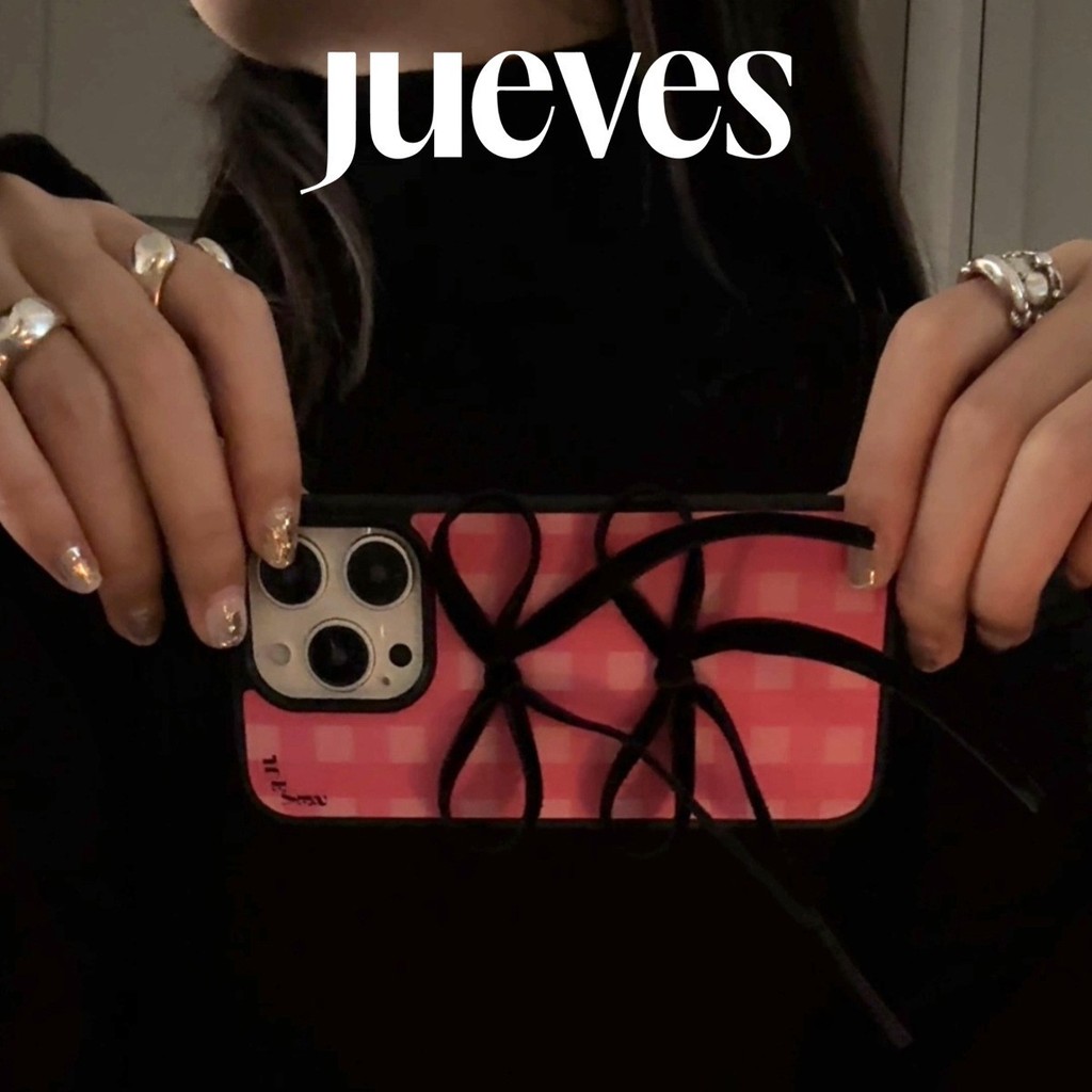 JUEVES พฤหัสบดี Pink Grid Black Velvet Strap Phone Case 15promax Bow 14pm Apple 15pro2025.10.31