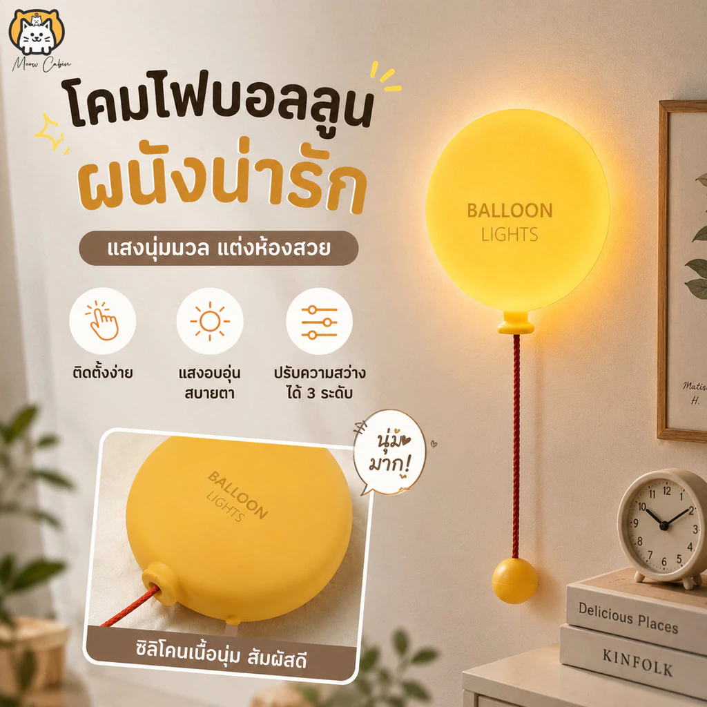 ส่งไว🎈โคมบอลลูนซิลิโคน ชาร์จไฟได้ โคมกลางคืน ตกแต่งห้อง ปรับความสว่าง 3 ระดับ ตั้งเวลา 30 นาที ติดผนัง / วางบนโต๊ะ