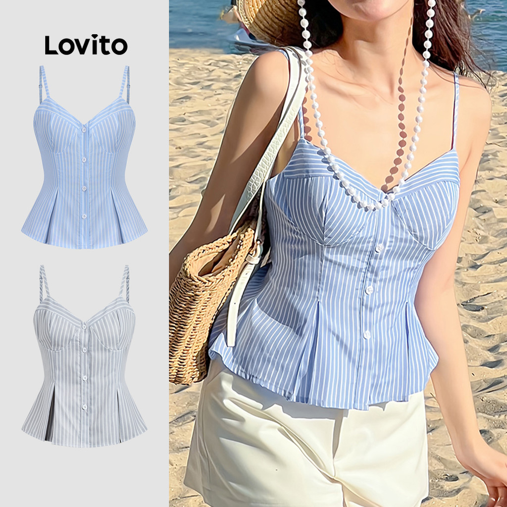 Lovito เสื้อแคชชวลทรงเซ็กซี่ คอผูกด้านหลัง ติดกระดุม ดีไซน์จีบ ทรงเข้ารูป สีฟ้า สำหรับผู้หญิง เหมาะสำหรับฤดูใบไม้ผลิ/ฤดูร้อน เกาหลี อินเทรนด์ L144AD031