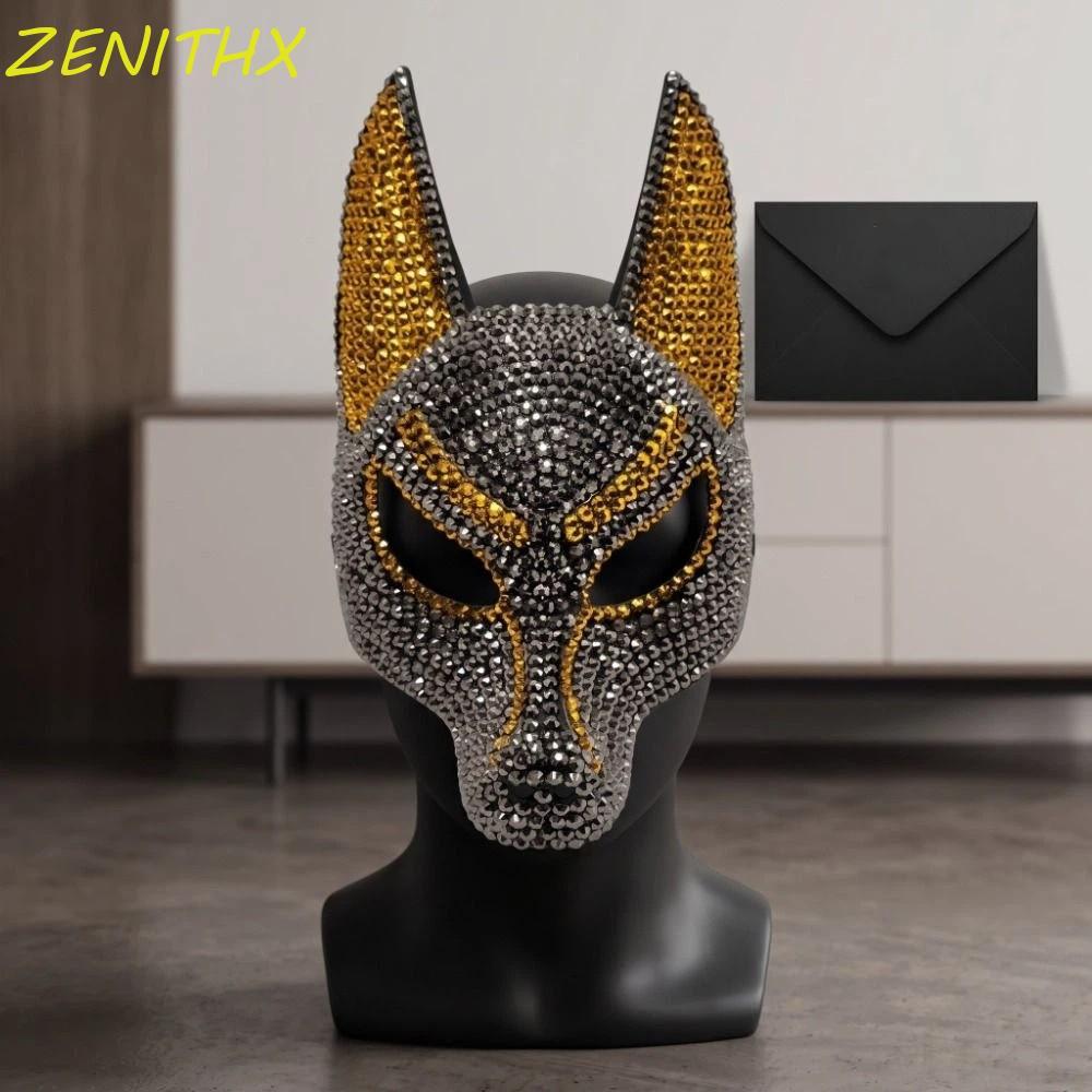 ZENITHX หน้ากาก Rhinestone, ตกแต่ง Shiny Zircon Wolf Crystal Mask, เครื่องแต่งกายเหตุการณ์ Elegant D