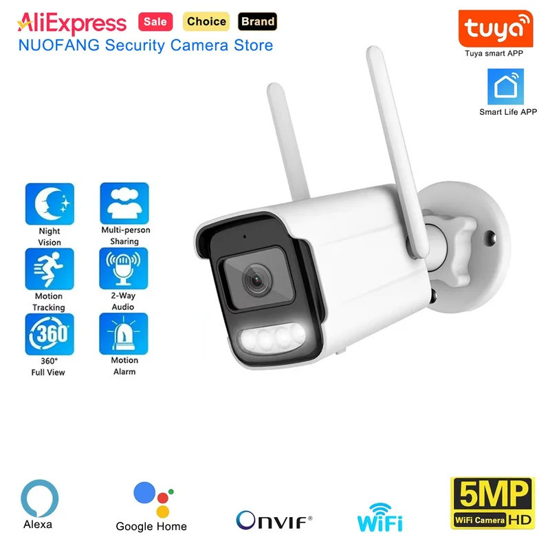 5MP HD Tuya WiFi กล้อง IP กันน้ํากลางแจ้ง AI Human Detection ONVIF สมาร์ทกล้องวงจรปิดความปลอดภัยการเ