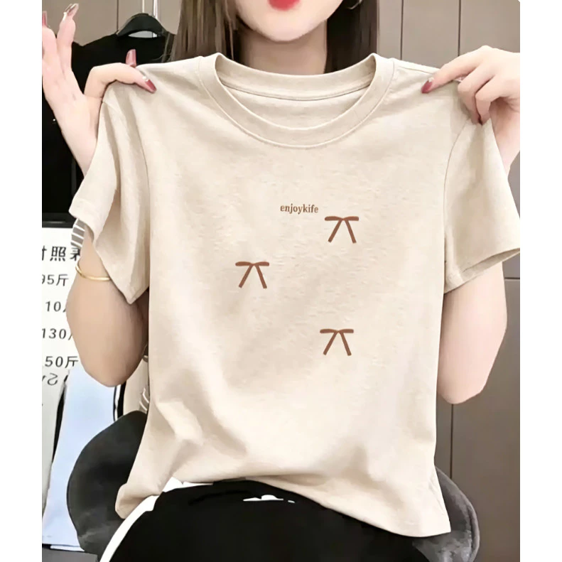 COD เสื้อยืดครอปสั้น ผู้หญิง ลายคำ enjoykife โบว์ เนื้อผ้าบางระบายอากาศ เหมาะหน้าร้อน ทรงสวยใส่กับกางเกง/กระโปรง