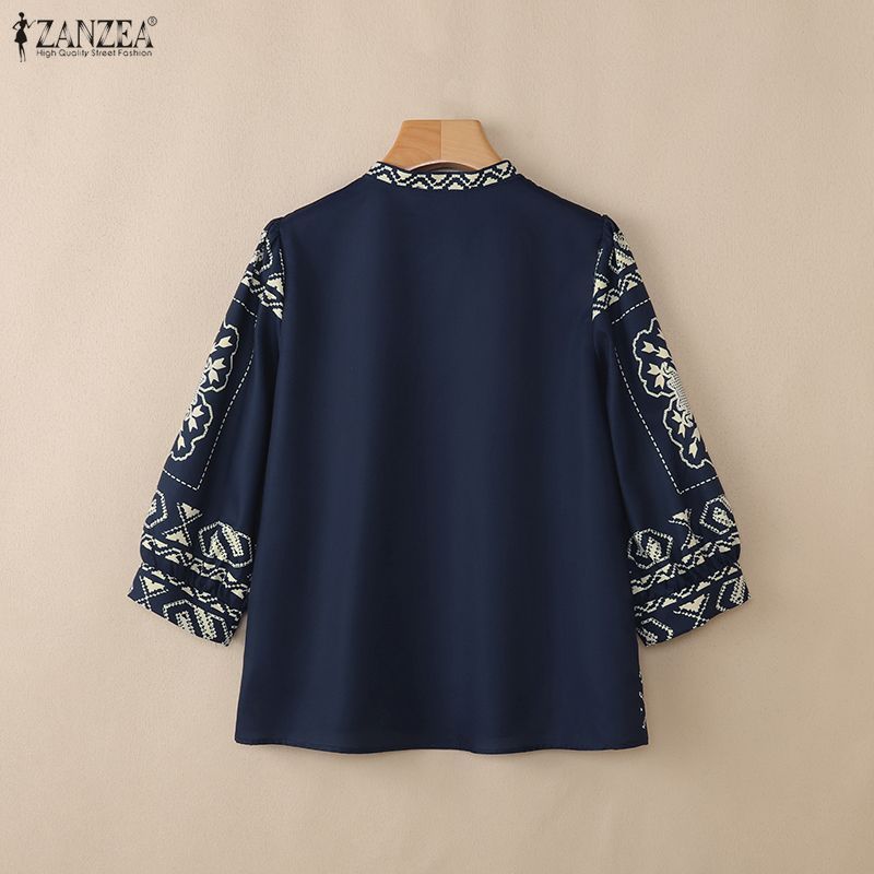 ZANZEA เสื้อผ้าผู้หญิงเกาหลีลําลองดอกไม้โบฮีเมียนวันหยุด 3/4 แขนยืนปกพิมพ์เสื้อ Ruffle Hem — صورة 8