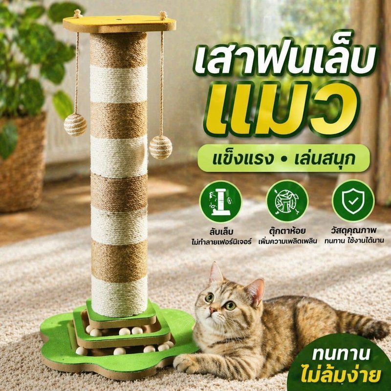 เสาลับเล็บแมว ที่ฝนเล็บแมว ต้นไม้แมว สูง 71 ฐานกว้าง มั่นคง ของเล่นแมว ปีนได้ วัสดุไม้แข็งแรง