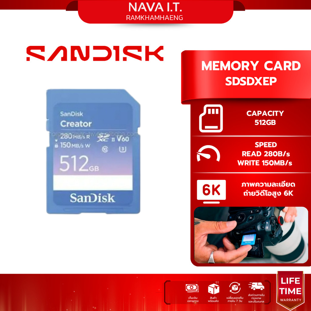 SANDISK CREATOR SD UHS-II CARD เอสดีการ์ด (SDSDXEP-512G-GNCIS) Extreme PRO SD 280/150MB/s ความจุ 512