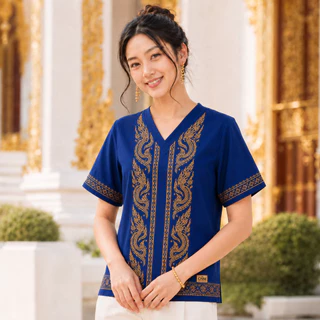 เสื้อชาติพันธุ์ไทย CNM Thai Style สำหรับชายหญิง คอวีแขนสั้น ลายพญานาคคู่สีทอง แนวไทยร่วมสมัย ผ้านุ่มเบาสบาย ใส่เที่ยววัด